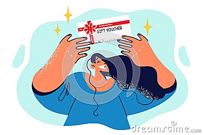 Happy woman showing gift voucher for free shopping or discounted spa visit for bearer of coupon Vector Illustration