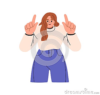 Happy woman showing, pointing up with fingers. Smiling excited person advertising, promoting, presenting something Vector Illustration