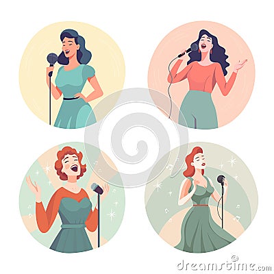 Happy woman singer, rock or pop vocalist. Set of round icons or avatars on white Vector Illustration