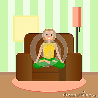 Happy Woman Sits Lotus Position, Doing Home Sport Vector Illustration