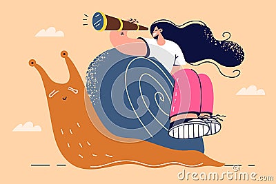 Happy woman sitting on snail fail in race Vector Illustration