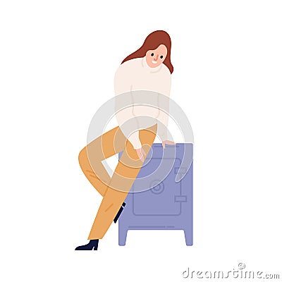 Happy woman sitting on strongbox, vault, cash box. Wealthy girl hiding savings in metal locked safe. Money or finance Vector Illustration