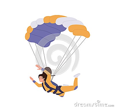 Happy woman skydiver cartoon character enjoying extreme parachuting sport recreation leisure Vector Illustration