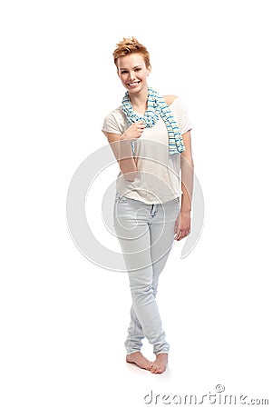Happy woman smiling barefoot Stock Photo