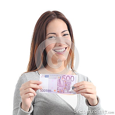 Happy woman showing a five hundred euros banknote Stock Photo