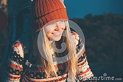 Happy Woman smiling traveler with backpack Stock Photo