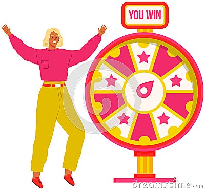 Happy woman spinning wheel of fortune stand isolated on white gambler tries his luck in casino Vector Illustration