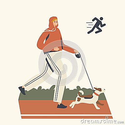 Happy Woman in Sports Wear and Sneakers Running with Dog Along Stadium Trace or Park. Outdoor Sport Activity, Jogging Vector Illustration