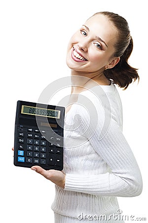 Happy woman stand with calculator Stock Photo