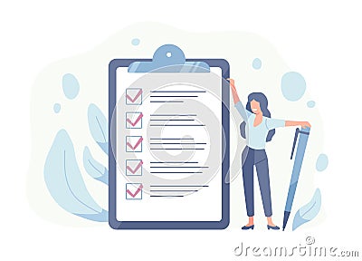 Happy woman standing beside giant check list and holding pen. Concept of successful completion of tasks, effective daily Vector Illustration