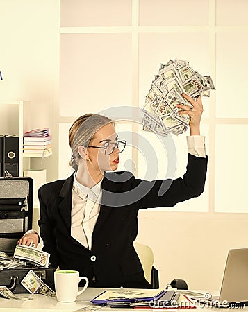 Happy woman. Success is measured by money. Security cash money savings. Banking concept. Black cash. Financial insurance Stock Photo