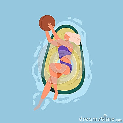 Happy woman in swimwear floating on rubber avocado ring. Top view of person playing with ball, swimming on inflatable Vector Illustration