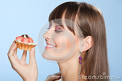 Happy woman with tart cake Stock Photo