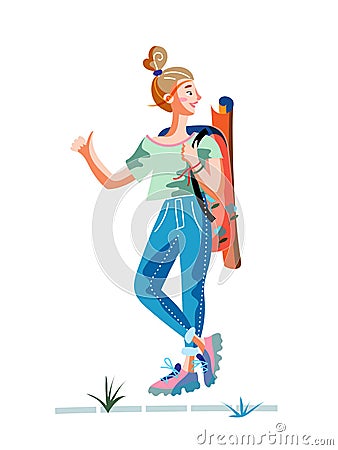 Happy woman traveler hitchhiking. Hipster young tourist with backpack trying catch car on road. Holidays adventure Vector Illustration