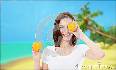 Happy woman on vacation at sea summer vacation concep - copy space , mock up Stock Photo