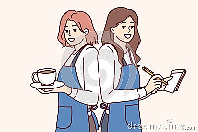 Happy woman waitresses smiling holding coffee and notepad for writing restaurant customer orders Vector Illustration