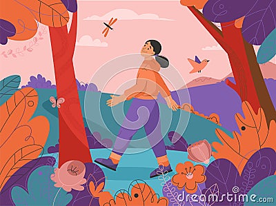 Happy woman walking in forest scene. Young girl walks in park or garden Vector Illustration