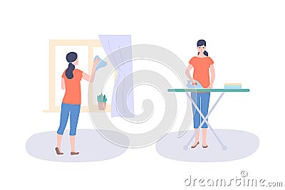 Happy woman washes window and irons clothes, housework, housekeeper services. Vector Illustration