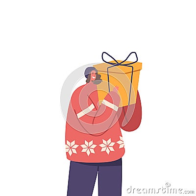 Happy Woman Wear Warm Sweater Holding Big Gift Box Wrapped With Festive Bow. Surprised Female Character Receive Present Vector Illustration