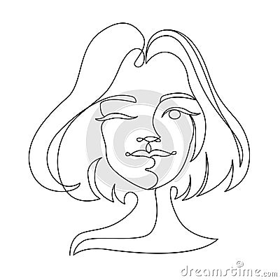 Happy Woman Winks One Line Art Portrait. Joyful Female Facial Expression. Hand Drawn Linear Woman Silhouette Vector Illustration