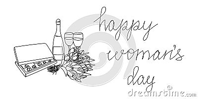 Happy womans day continuous line drawing. One line art of english hand written lettering with flowers, champagne and Vector Illustration