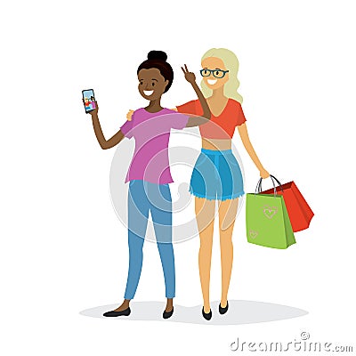 Happy women couple take a selfie, beauty young female Vector Illustration