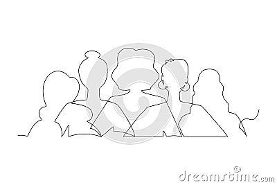 Happy Women Day greeting card illustration. Continuous line drawing diverse woman silhouette. Young girl team together for march Vector Illustration