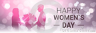 Happy Women Day Horizontal Banner With Silhoutte Man Present Girl Bouquet Of Flowers Beautiful Bokeh Background Vector Illustration