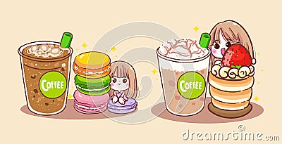 Happy women drinking coffee cups and delicious bakery isolated on morning background with breakfast dessert or beverage cup Vector Illustration