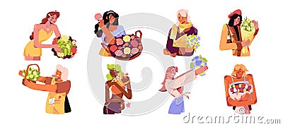 Happy women hold flower gifts set. Pretty girls, senior ladies with floral bouquets, posies in hands. Female characters Vector Illustration