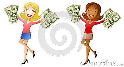 Happy Women Holding Lots of Cash Cartoon Illustration