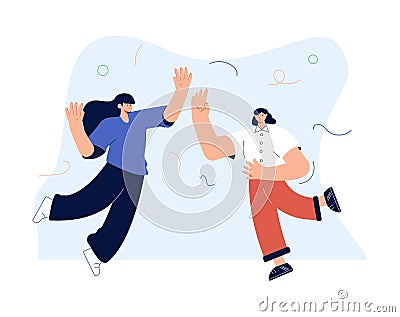 Happy Women Jumping on White Background. Young Joyful Female Characters Jump or Dancing with Raised Hands. Happiness. Stock Photo