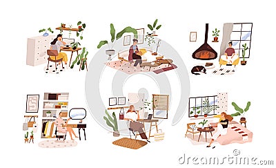 Happy women relax and work at home in modern room interiors. Lifestyle scenes set with females stay in cozy comfortable Vector Illustration