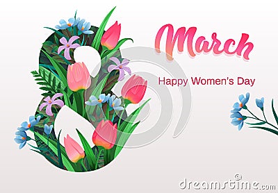 Happy women`s day, flyer, congratulation card March 8 with flowers Vector Illustration