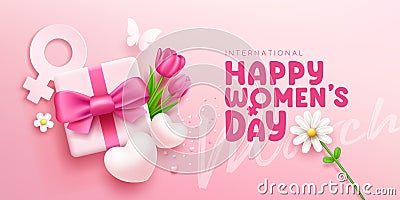 Happy women's day gift box pink bows ribbon with tulip flowers and butterfly heart white flower, banner concept design Vector Illustration