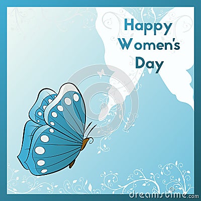 Happy Women`s Day. Greeting card with butterfly. Template postcards blue and white colors. Vector Illustration