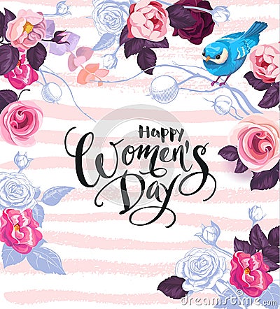 Happy Women`s Day. Handwritten phrase surrounded by half-colored flowers, leaves and cute little bird. 8 March party Vector Illustration