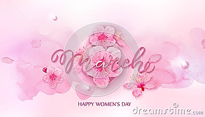 Happy women s day. 8 March with cherry blossoms Vector Illustration