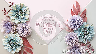 Happy Women`s Day Pastel and Muted Tones Background. Flat lay floral greeting card with beautiful silk flowers. Stock Photo