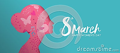 Happy Women`s Day pink paper cut girl face banner Vector Illustration