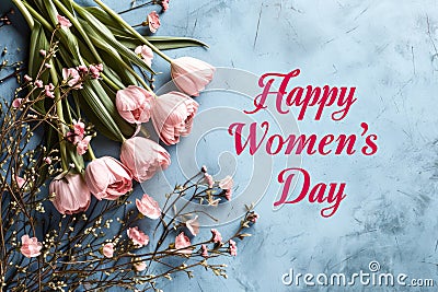 Happy Women's Day with spring flowers background International Womens Day concept March 8 Happy Mother`s Day greeting design Cartoon Illustration