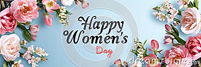 Happy Women's Day with spring flowers background International Womens Day concept March 8 Happy Mother`s Day greeting design Cartoon Illustration