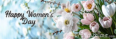 Happy Women's Day with spring flowers background International Womens Day concept March 8 Happy Mother`s Day greeting design Cartoon Illustration