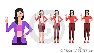 Happy women shows gesture of victory by hand and other hand on waist. flat hand gesture vector Vector Illustration