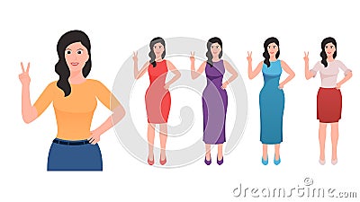 Happy women shows gesture of victory by hand and other hand on waist. flat hand gesture vector Vector Illustration