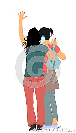 Happy women student friends waving hands vector illustration isolated on white. Vector Illustration