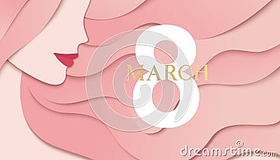 Happy Womens Day background. 8 march design template with woman face profile and greeting text. Girl with long pink hair. Vector Illustration