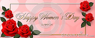 Happy Womens Day calligraphic golden text on pink background with hearts and red roses banner or poster layout Vector Illustration