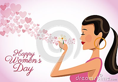 Happy womens day card cute girl flower heart flying Vector Illustration