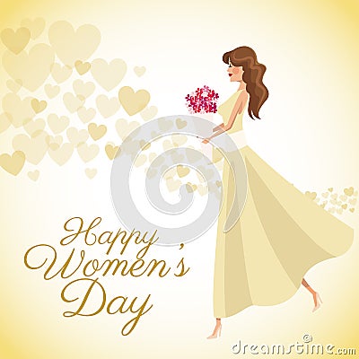 Happy womens day card girl bouquet flowers heart background Vector Illustration